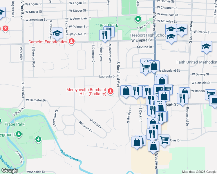map of restaurants, bars, coffee shops, grocery stores, and more near 1616 South Harlem Avenue in Freeport