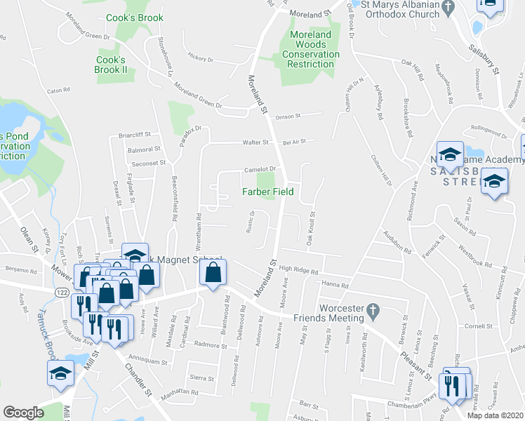 map of restaurants, bars, coffee shops, grocery stores, and more near 11 Rustic Drive in Worcester