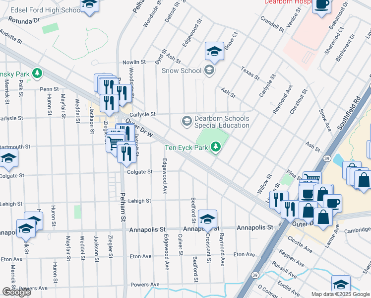 map of restaurants, bars, coffee shops, grocery stores, and more near 22491 West Outer Drive in Dearborn