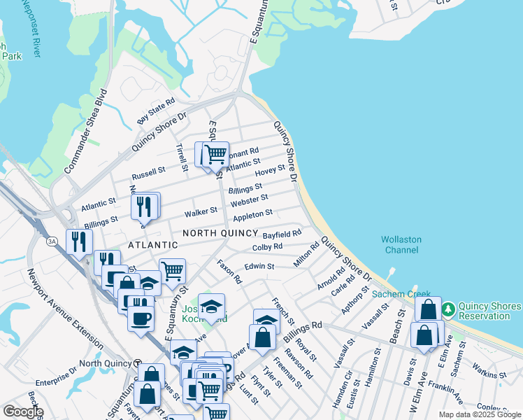map of restaurants, bars, coffee shops, grocery stores, and more near 48 Appleton Street in Quincy
