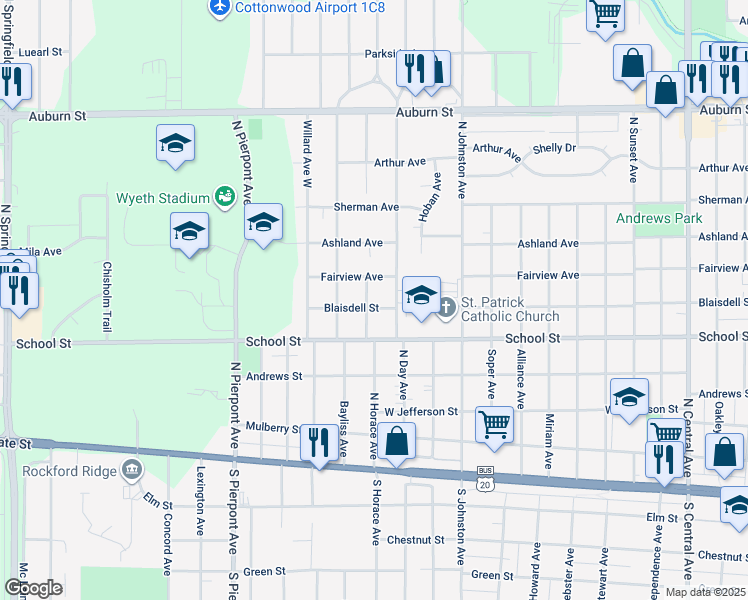 map of restaurants, bars, coffee shops, grocery stores, and more near 605 North Horace Avenue in Rockford