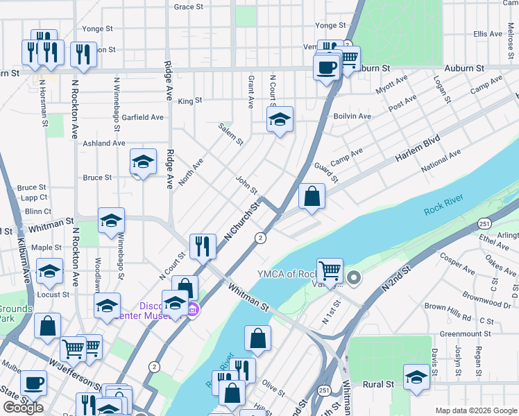 map of restaurants, bars, coffee shops, grocery stores, and more near 1019 North Church Street in Rockford