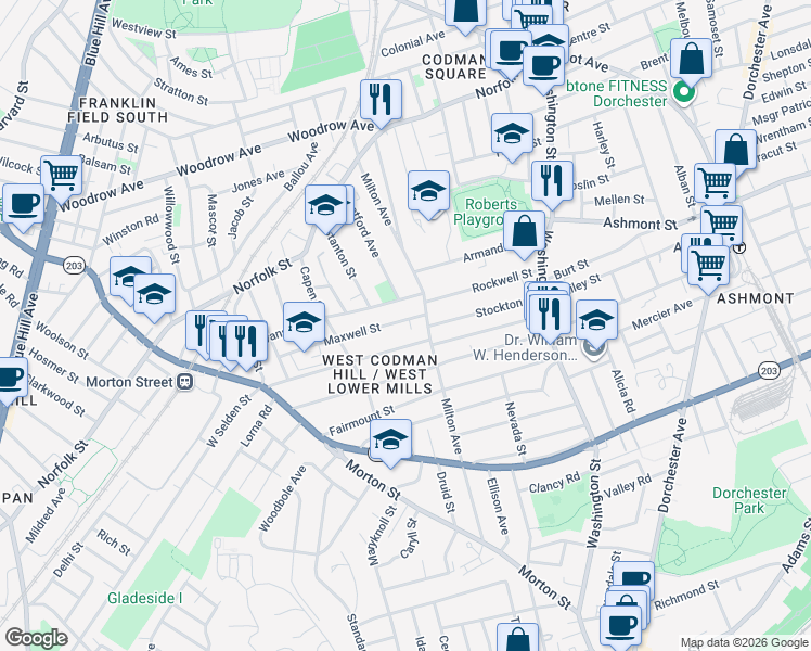 map of restaurants, bars, coffee shops, grocery stores, and more near 18 Maxwell Street in Boston