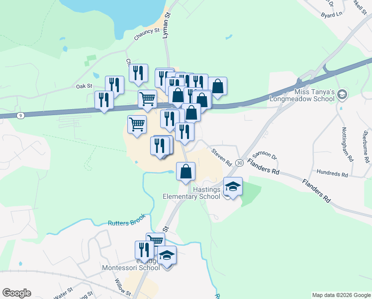 map of restaurants, bars, coffee shops, grocery stores, and more near 25 Lyman Street in Westborough