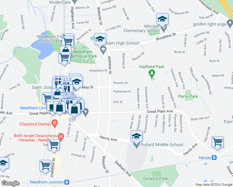 map of restaurants, bars, coffee shops, grocery stores, and more near 64 Parkinson Street in Needham