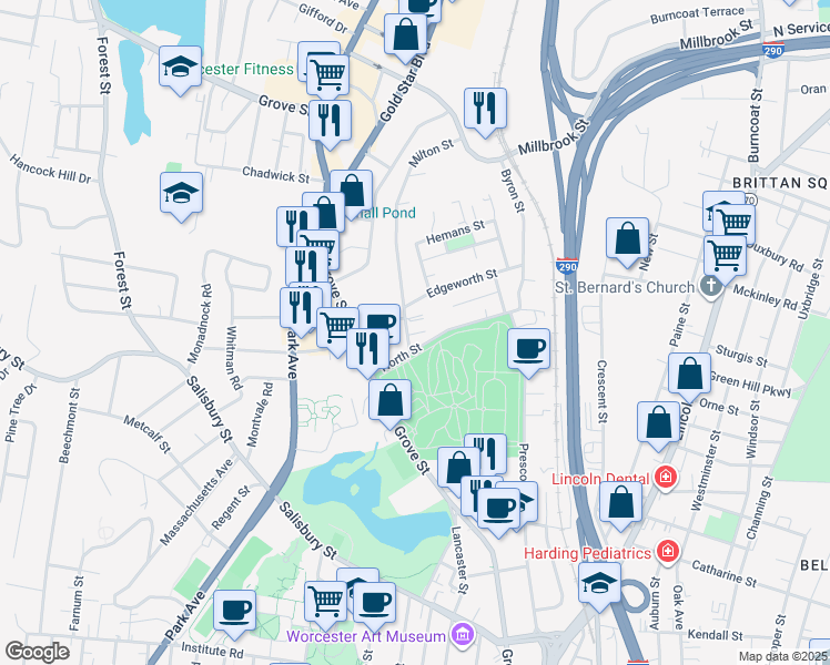 map of restaurants, bars, coffee shops, grocery stores, and more near 6 Milton Street in Worcester