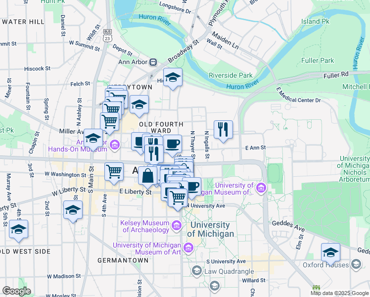 map of restaurants, bars, coffee shops, grocery stores, and more near 711 East Ann Street in Ann Arbor