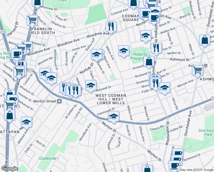 map of restaurants, bars, coffee shops, grocery stores, and more near 62 Maxwell Street in Boston