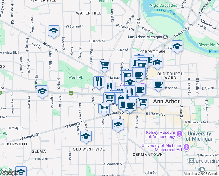 map of restaurants, bars, coffee shops, grocery stores, and more near 115 North 1st Street in Ann Arbor