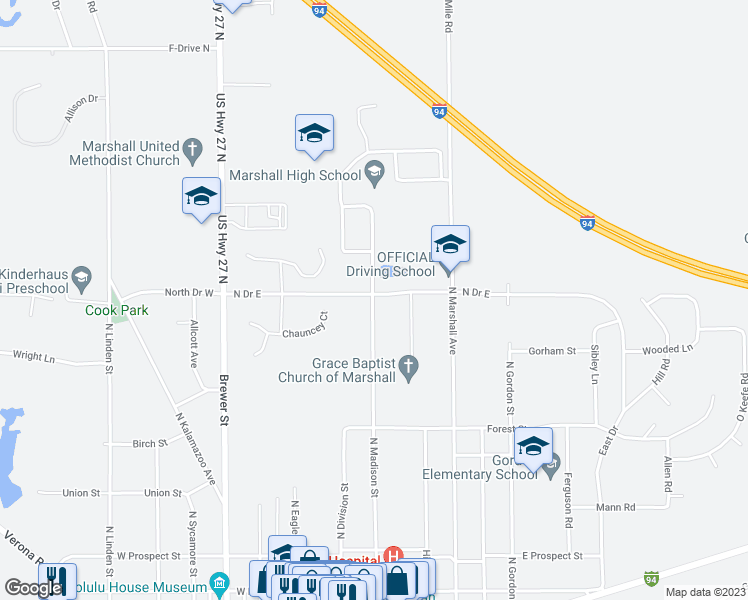 map of restaurants, bars, coffee shops, grocery stores, and more near 200 North Drive East in Marshall