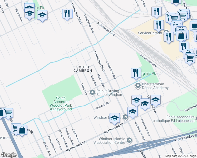 map of restaurants, bars, coffee shops, grocery stores, and more near 2171 McKay Avenue in Windsor