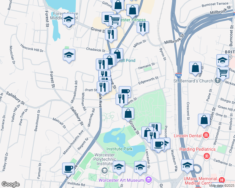 map of restaurants, bars, coffee shops, grocery stores, and more near 2 Sagamore Road in Worcester