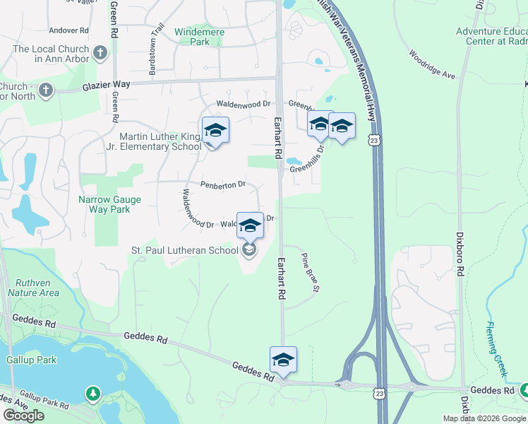 map of restaurants, bars, coffee shops, grocery stores, and more near 3990 Penberton Drive in Ann Arbor