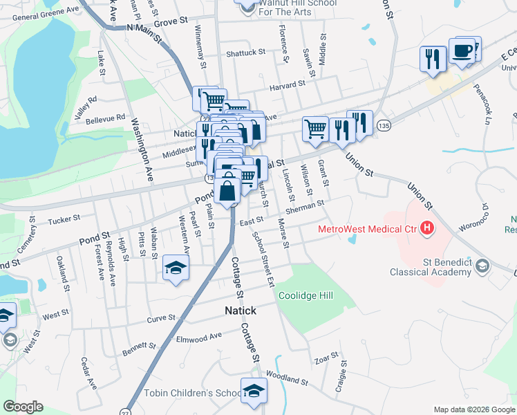 map of restaurants, bars, coffee shops, grocery stores, and more near 7 Bee Street in Natick