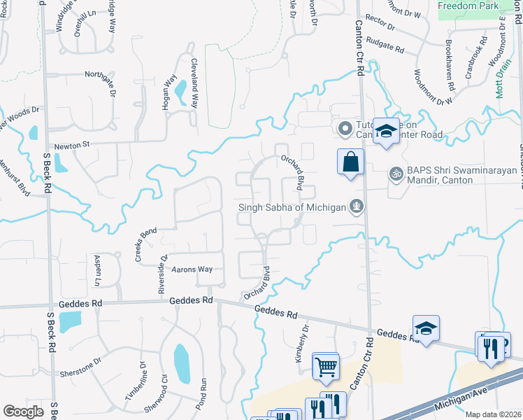 map of restaurants, bars, coffee shops, grocery stores, and more near Orchard Boulevard in Canton