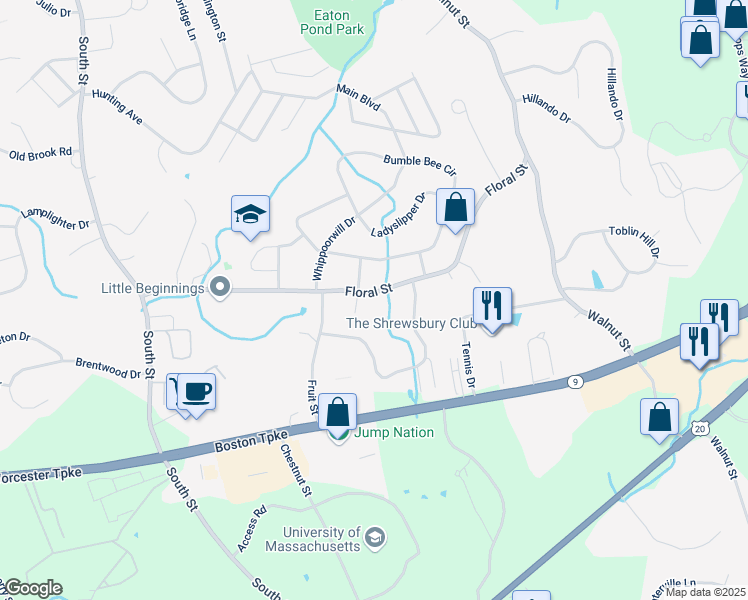 map of restaurants, bars, coffee shops, grocery stores, and more near 100 Floral Street in Shrewsbury