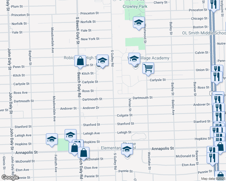 map of restaurants, bars, coffee shops, grocery stores, and more near 25279 Ross Street in Dearborn Heights