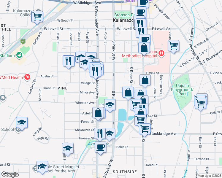 map of restaurants, bars, coffee shops, grocery stores, and more near 931 South Park Street in Kalamazoo