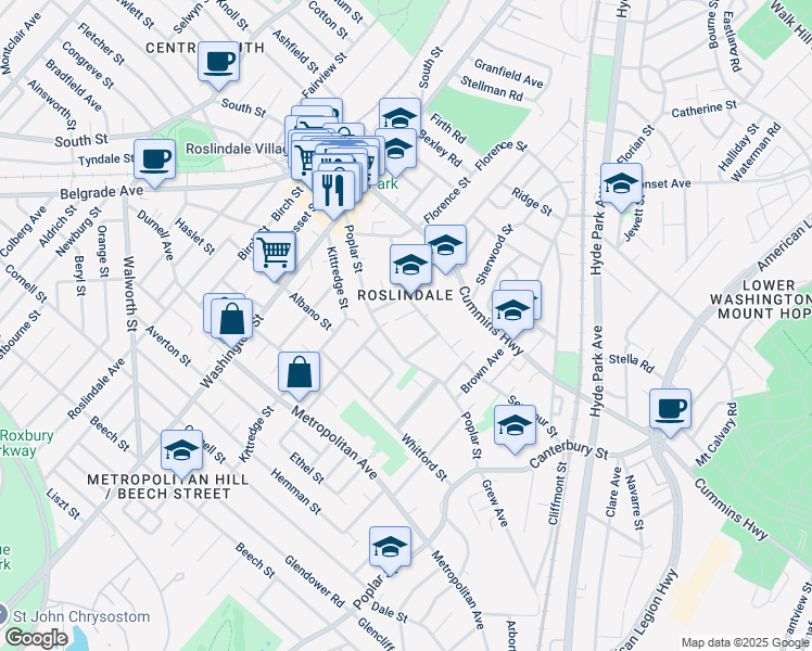 map of restaurants, bars, coffee shops, grocery stores, and more near 204 Poplar Street in Boston