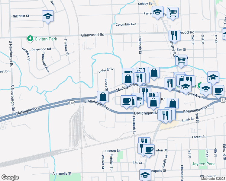 map of restaurants, bars, coffee shops, grocery stores, and more near 35816 Michigan Avenue in Wayne