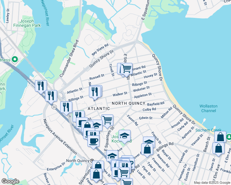 map of restaurants, bars, coffee shops, grocery stores, and more near 62 Walker Street in Quincy