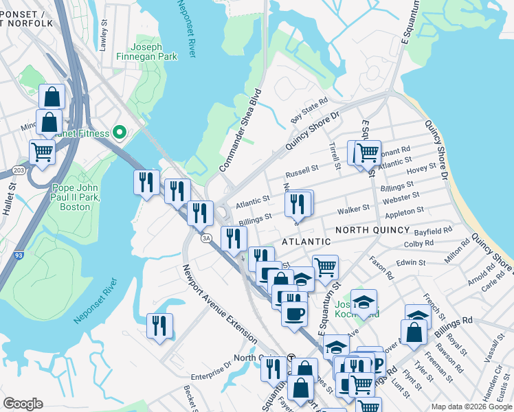map of restaurants, bars, coffee shops, grocery stores, and more near 70 Billings Street in Quincy