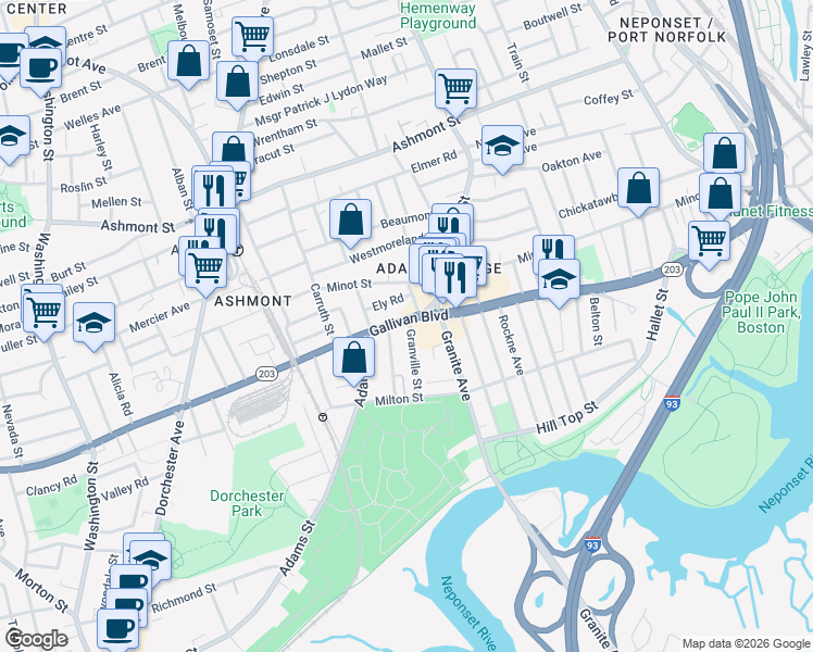 map of restaurants, bars, coffee shops, grocery stores, and more near 12 Granville Street in Boston