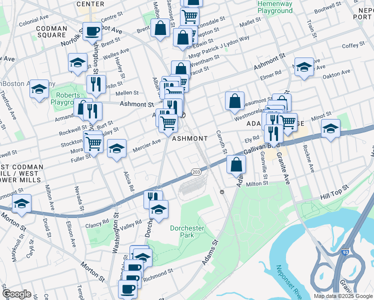 map of restaurants, bars, coffee shops, grocery stores, and more near 6 Magdala Street in Boston