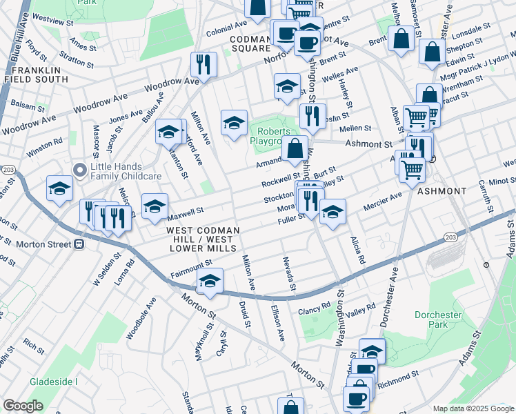 map of restaurants, bars, coffee shops, grocery stores, and more near 73 Mora Street in Boston