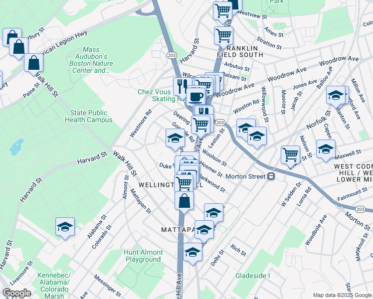 map of restaurants, bars, coffee shops, grocery stores, and more near 1253 Blue Hill Avenue in Boston