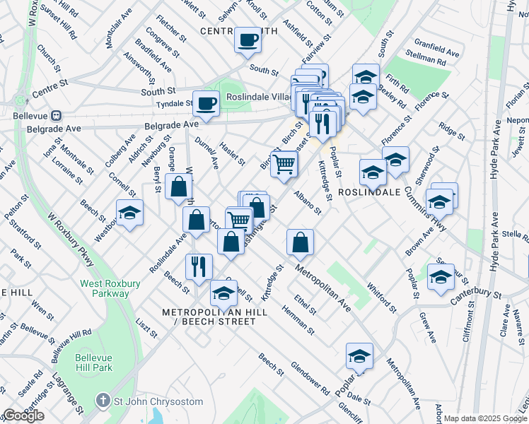 map of restaurants, bars, coffee shops, grocery stores, and more near 4387 Washington Street in Boston