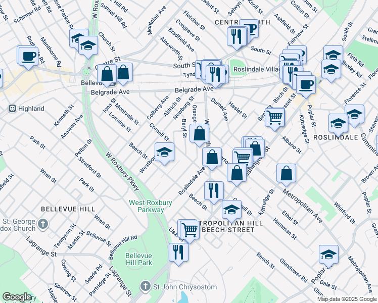 map of restaurants, bars, coffee shops, grocery stores, and more near 317 Cornell Street in Boston