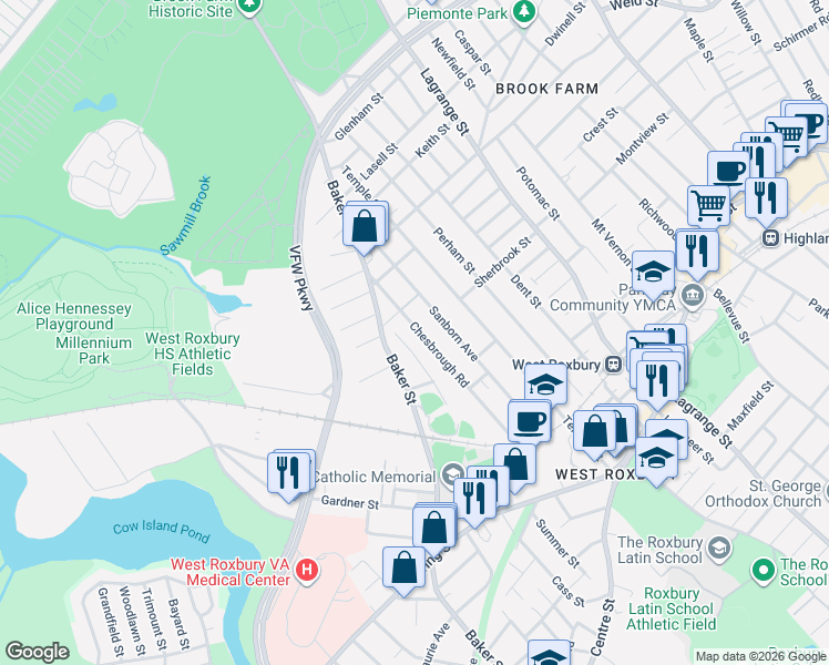 map of restaurants, bars, coffee shops, grocery stores, and more near 58 Chesbrough Road in Boston