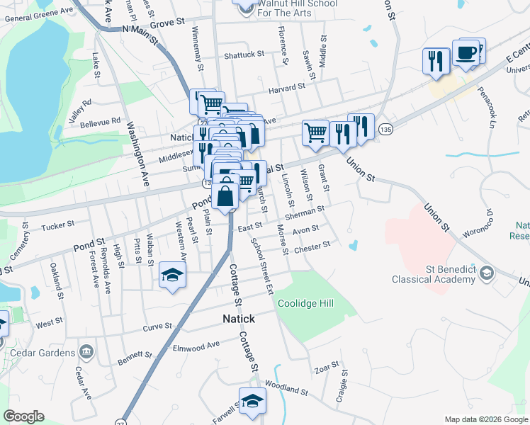 map of restaurants, bars, coffee shops, grocery stores, and more near 25 Morse Street in Natick