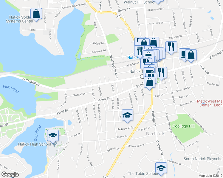 map of restaurants, bars, coffee shops, grocery stores, and more near 73R Pond Street in Natick