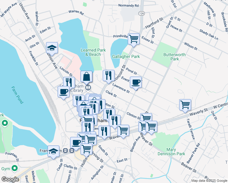 map of restaurants, bars, coffee shops, grocery stores, and more near 27 Clark Street in Framingham