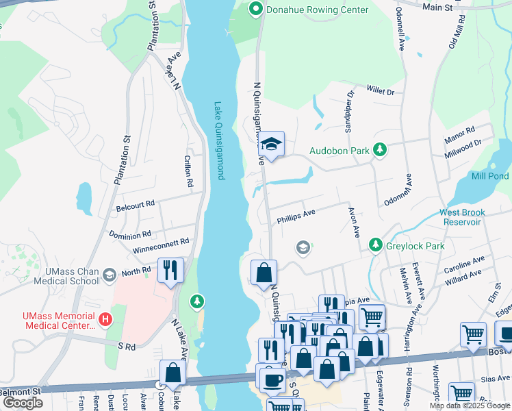 map of restaurants, bars, coffee shops, grocery stores, and more near 23 Eaglehead Terrace in Shrewsbury