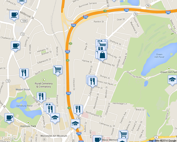 map of restaurants, bars, coffee shops, grocery stores, and more near 65 Paine Street in Worcester