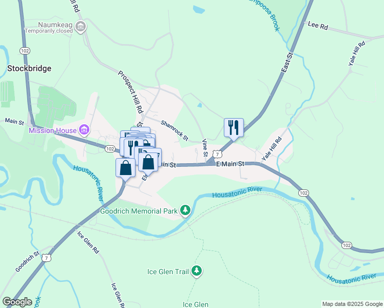 map of restaurants, bars, coffee shops, grocery stores, and more near Main St in Stockbridge