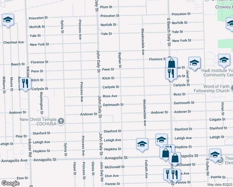 map of restaurants, bars, coffee shops, grocery stores, and more near 26401 Ross Street in Inkster