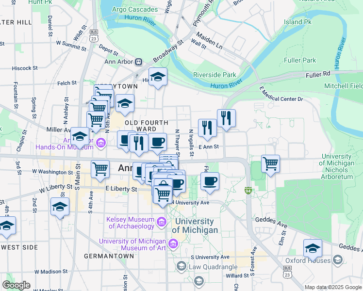 map of restaurants, bars, coffee shops, grocery stores, and more near 816 East Ann Street in Ann Arbor