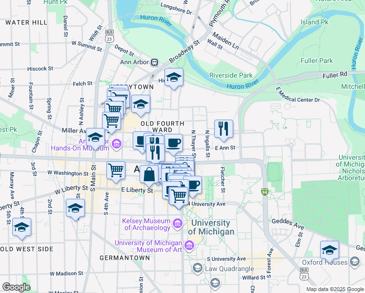 map of restaurants, bars, coffee shops, grocery stores, and more near 710 East Ann Street in Ann Arbor