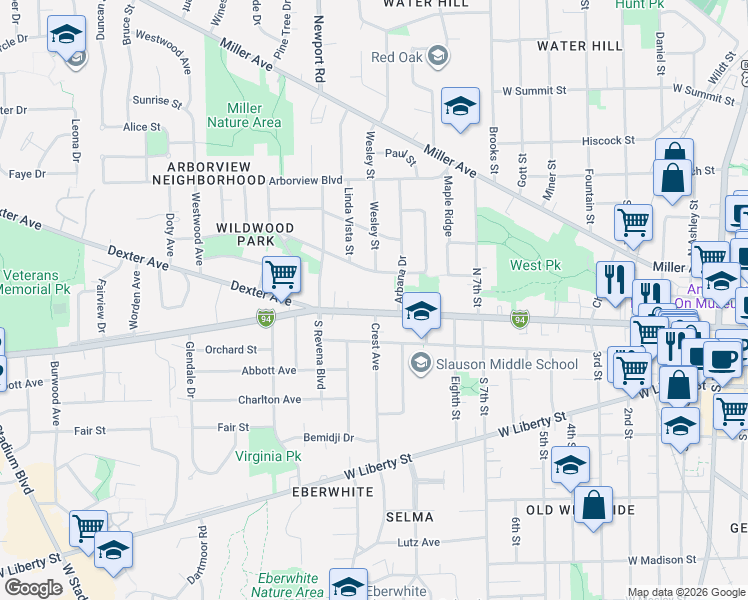 map of restaurants, bars, coffee shops, grocery stores, and more near 1218 West Huron Street in Ann Arbor