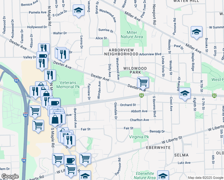 map of restaurants, bars, coffee shops, grocery stores, and more near 112 Allen Drive in Ann Arbor