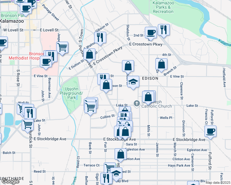 map of restaurants, bars, coffee shops, grocery stores, and more near 809 Harrigan Court in Kalamazoo