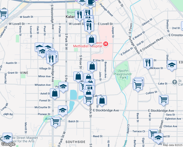 map of restaurants, bars, coffee shops, grocery stores, and more near 933 South Burdick Street in Kalamazoo