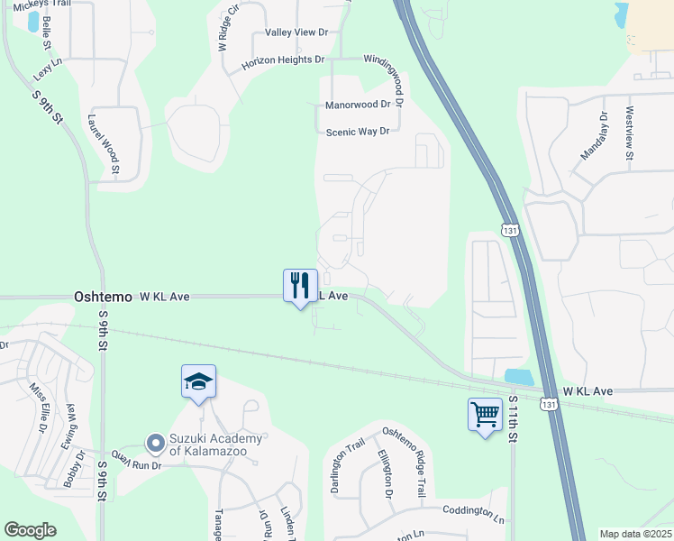 map of restaurants, bars, coffee shops, grocery stores, and more near 5943 Copper Beech Boulevard in Kalamazoo