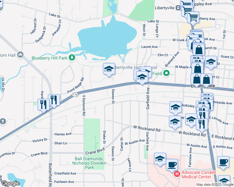 map of restaurants, bars, coffee shops, grocery stores, and more near 626 McKinley Avenue in Libertyville