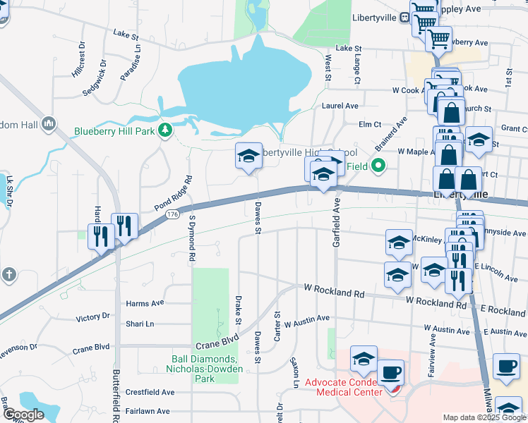 map of restaurants, bars, coffee shops, grocery stores, and more near 626 McKinley Avenue in Libertyville
