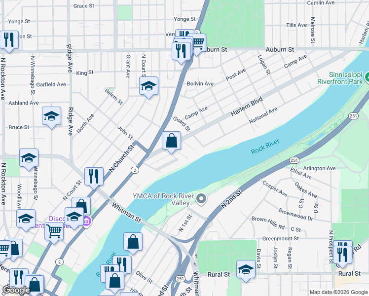 map of restaurants, bars, coffee shops, grocery stores, and more near 124 Glen Road in Rockford